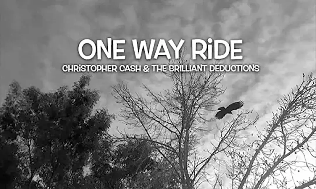 Black and white album cover featuring the title 'One Way Ride' and a flying bird against a cloudy sky.