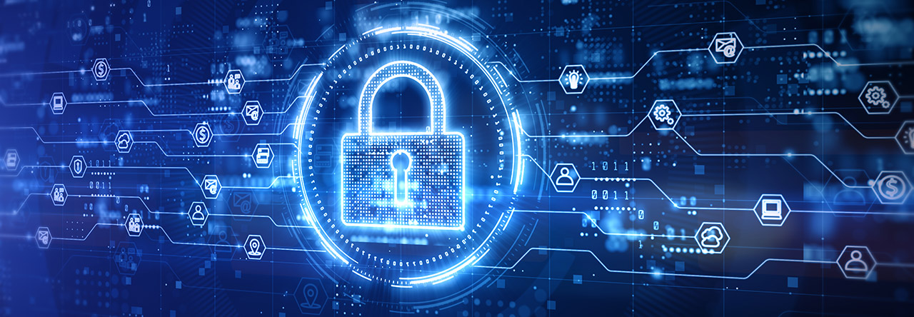 Digital representation of a lock icon surrounded by data symbols and connections in a blue background.