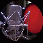 Close-up of a microphone with a silver mesh head and a red pop filter attached.