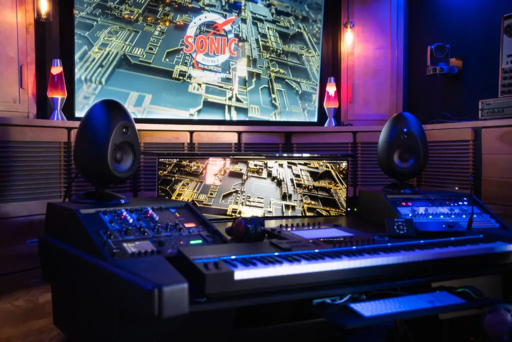 Music production studio setup featuring a keyboard, audio interface, and monitors with a screen displaying Sonic branding.