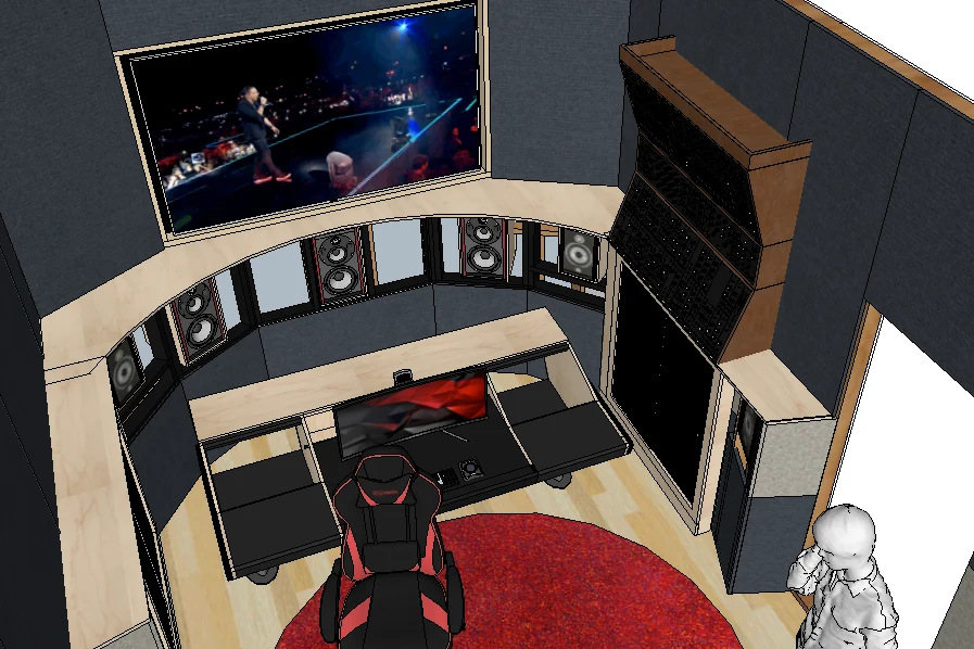 SketchUp design render of the Shuttle Bay Dolby Atmos room: screen, speaker arc and mix desk