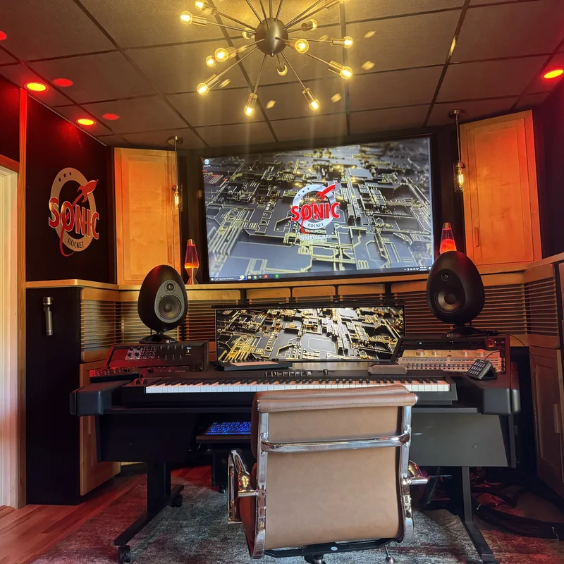 Shuttle Bay mix room with Sonic-Rocket logo, big screen and studio monitors