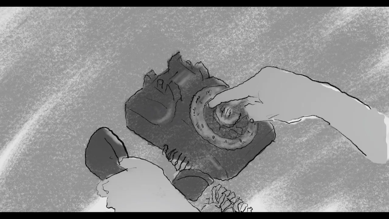 Sacred Heart storyboard frame: a hand dialing a rotary phone