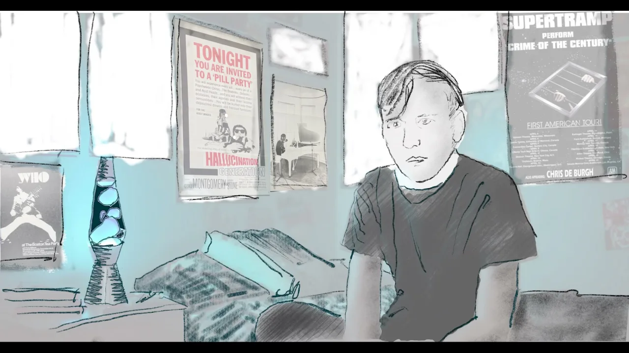 Sacred Heart storyboard frame: a teenager in a 1970s bedroom with posters and a lava lamp