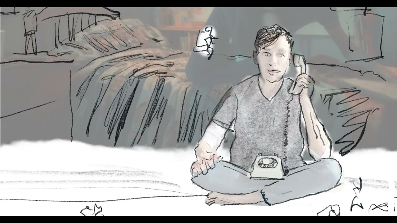 Sacred Heart storyboard frame: the teenager sitting cross-legged on the bed with a rotary phone
