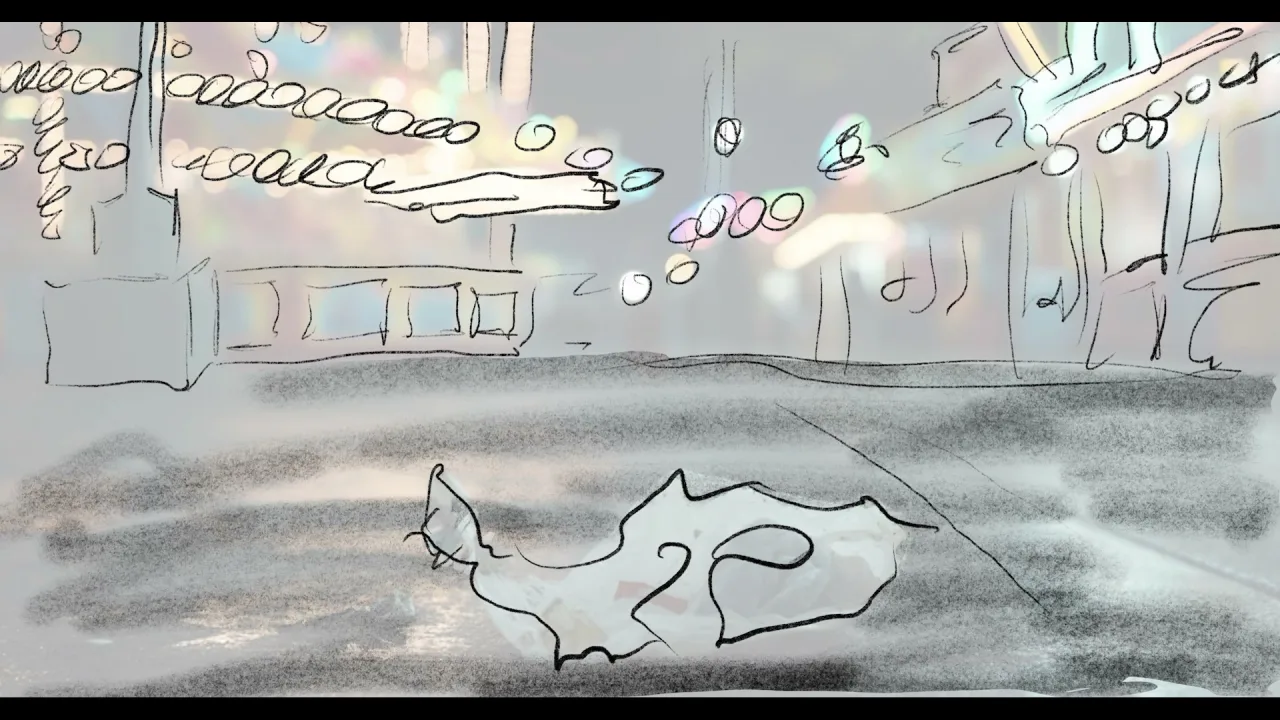 Sacred Heart storyboard frame: a city street at night with paper blowing across it