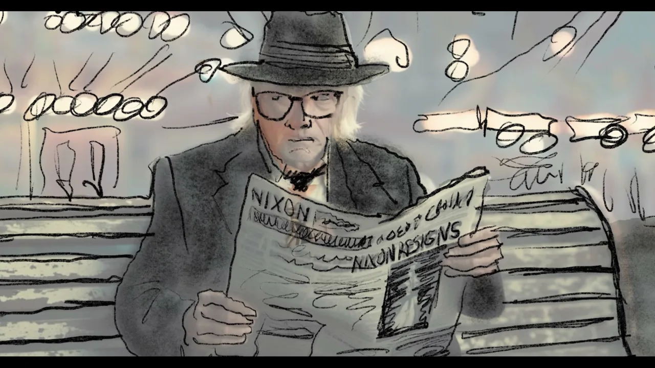Sacred Heart storyboard frame: a man in a hat reading a Nixon Resigns newspaper on a bench