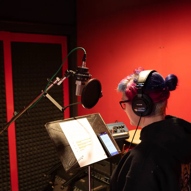 Voice-over session in the vocal booth: condenser mic, pop filter and script stand